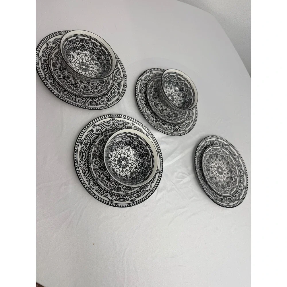 Royal Norfolk Black White Mandala Dinnerware Set Plates Bowls 11 Piece Ceramic